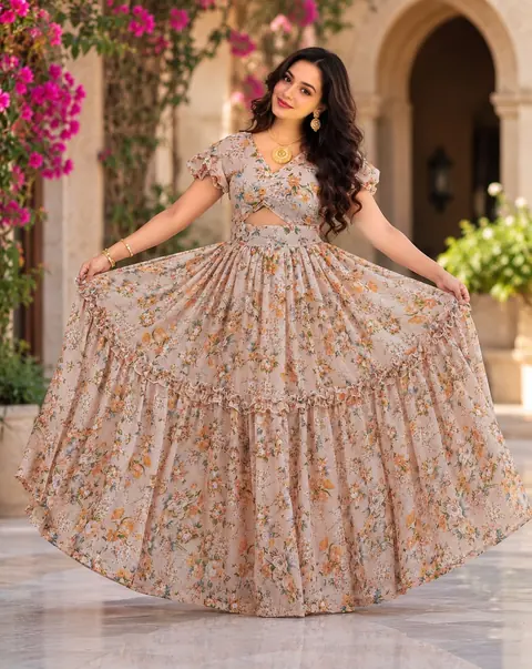 Style example: peach floral tiered habesha maxi dress