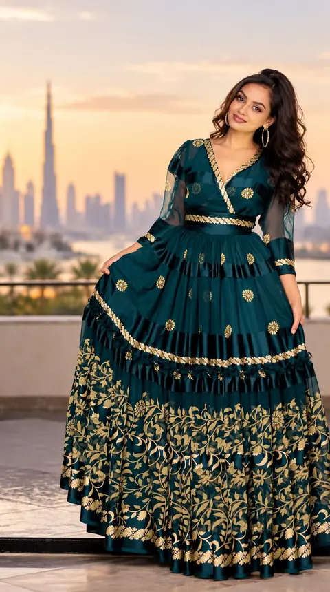 Style example: teal habesha gown with gold embroidery