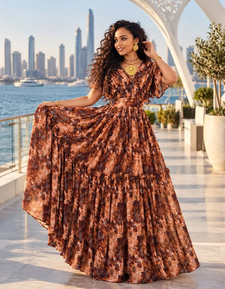 Style example: rust floral tiered maxi dress