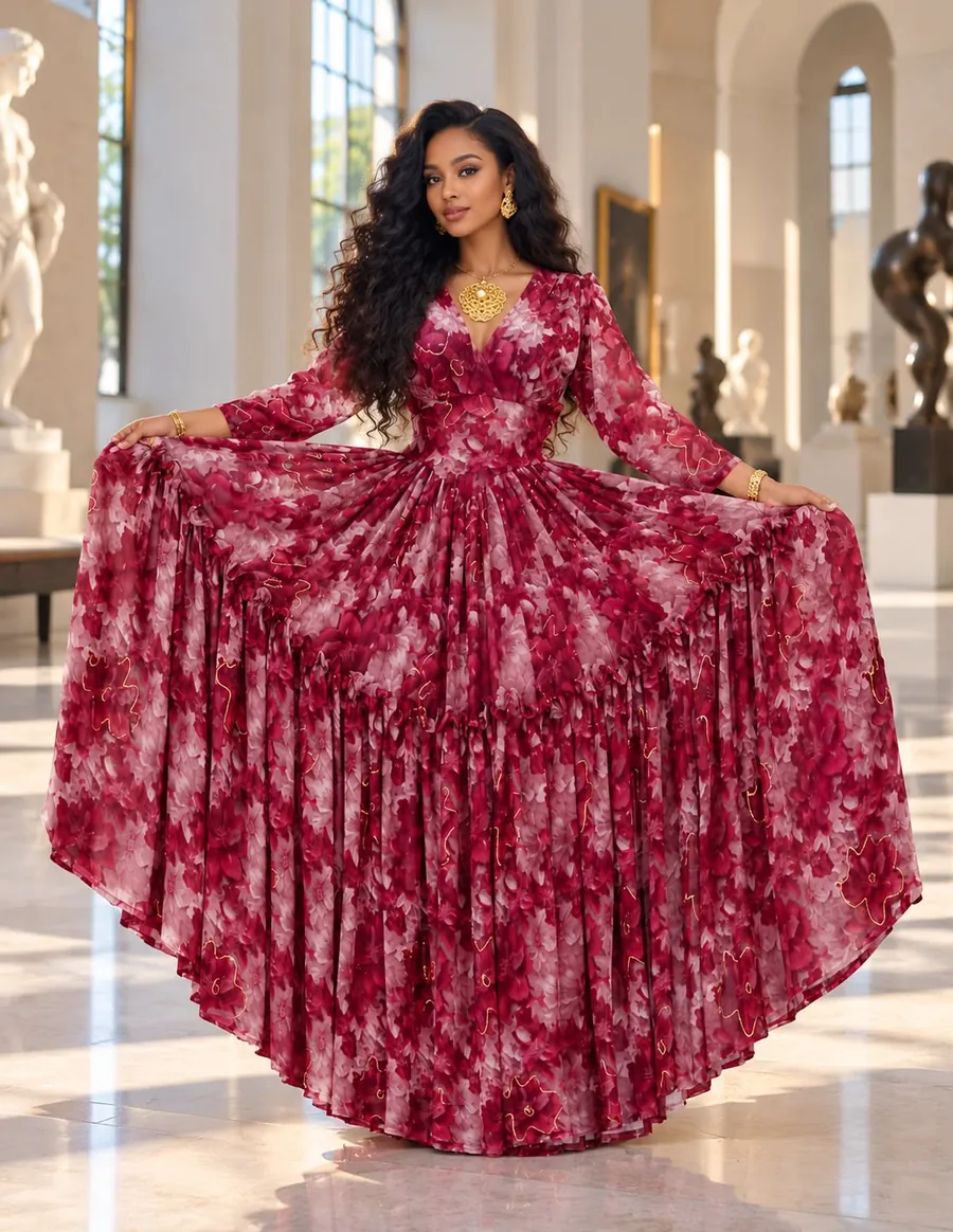 Style example: crimson floral tiered gown
