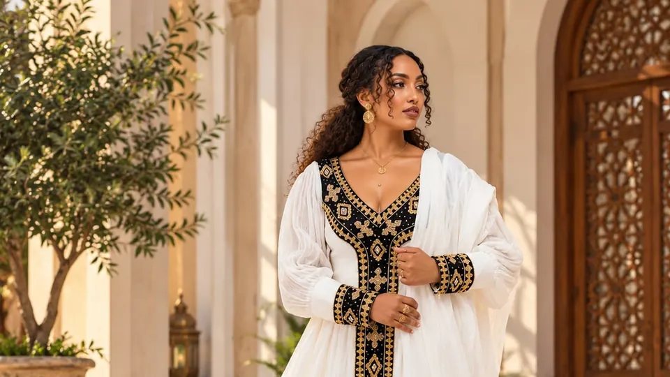 White habesha kemis with black and gold tilet and cross