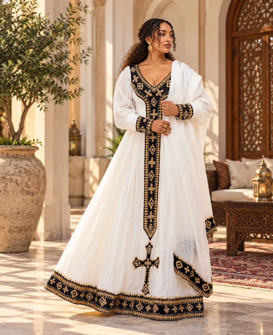 Style example: white habesha kemis with black and gold tilet