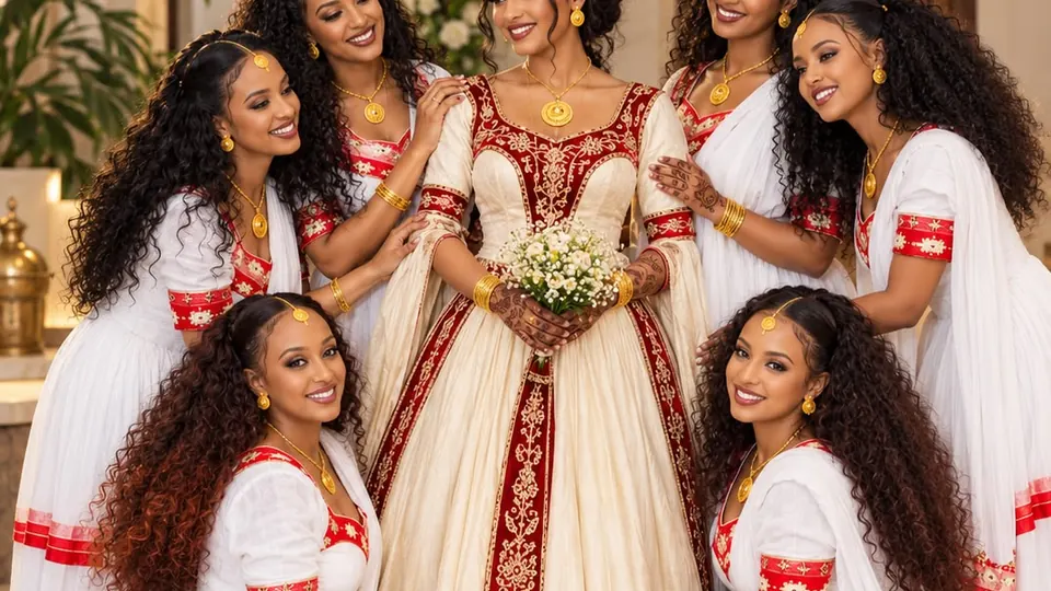 Bride and bridesmaids in matching habesha kemis with red tilet