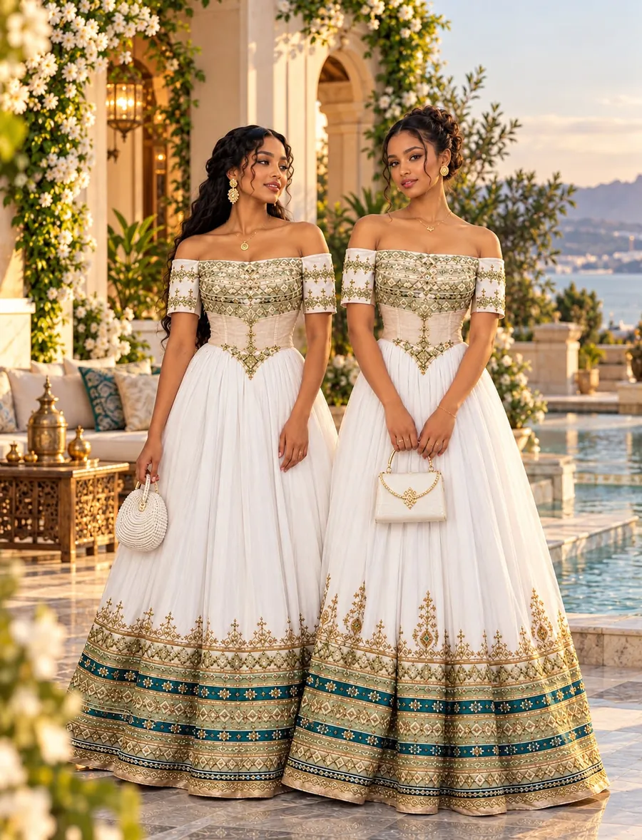 Two matching off-shoulder white habesha kemis with gold and teal tilet