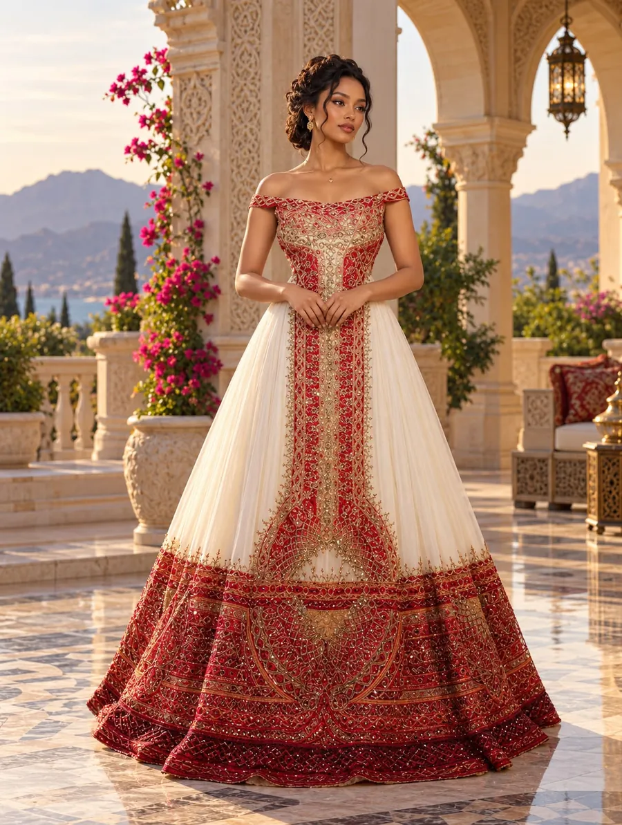 Off-shoulder ivory habesha gown with red and gold embroidery