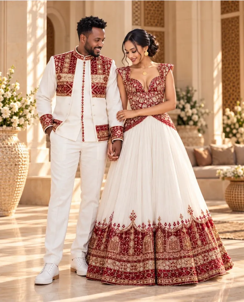 Couple in matching white habesha outfits with red tilf