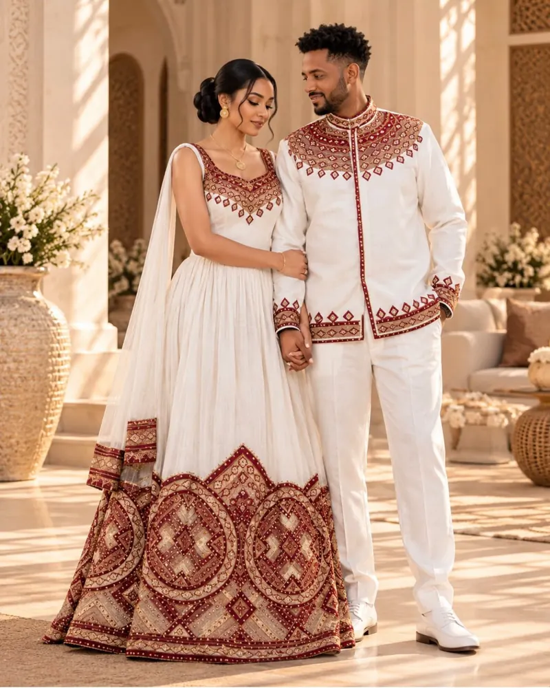 Couple in matching white habesha outfits with maroon tilf and netela