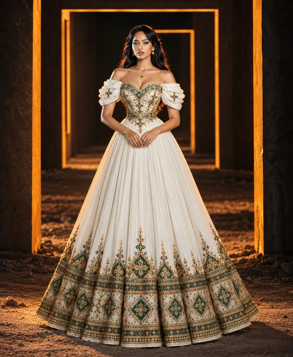 Woman in an off-shoulder white habesha dress with green tilf embroidery
